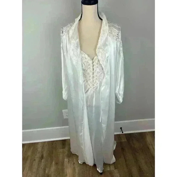 Vtg 80s 90s Diliar Made In Italy White Satin Nightgown Robe Set Lace Long Size M - Picture 1 of 16